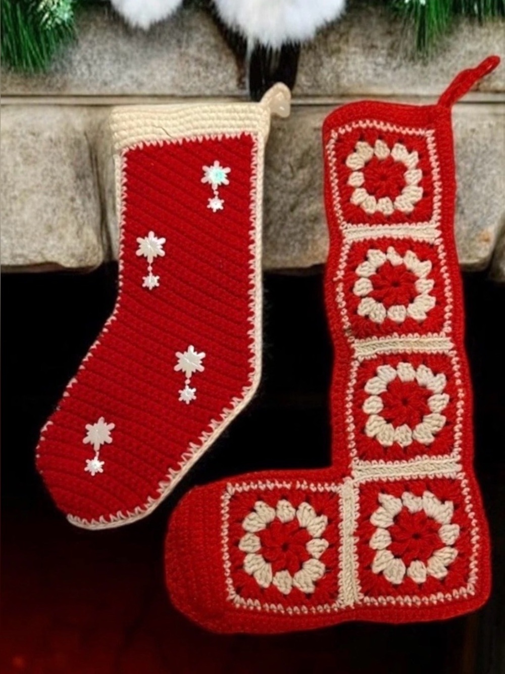 SET OF VINTAGE Handmade Crochet Granny Square Christmas Stockings Red 3037-20